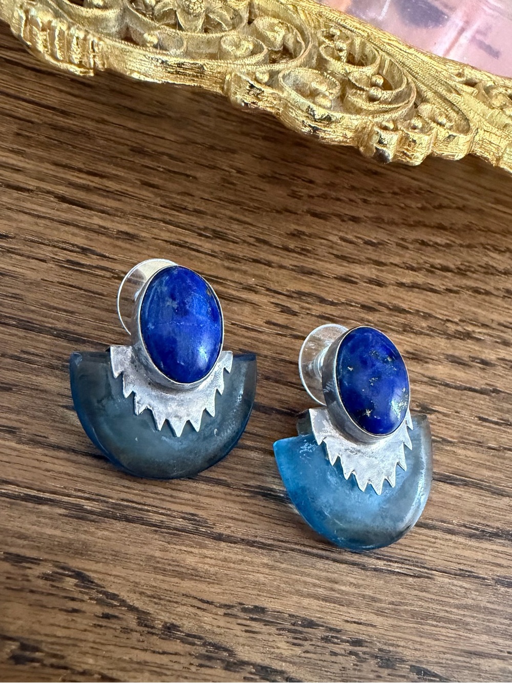 Delbert Gordon Navajo Sterling Silver Lapis Lazuli Half Moon Earrings Vintage